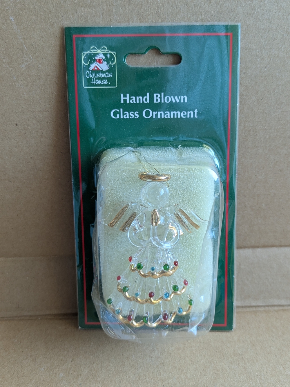 Christmas House Angel Handblown Glass Ornament Clear Gold Festive Holiday Nwt
